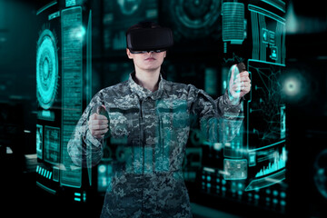 Military Think Tank, AI technology in the army. Warfare analytic operator checking coordination of...