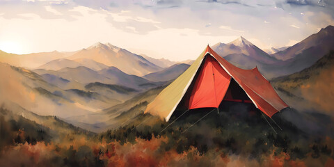Tent against the backdrop of the mountains, camping in the wild. Watercolor drawing, generative ai.