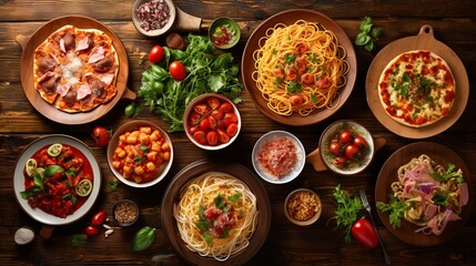 Top view of a table with delicious Italian dishes on plates: pizza, pasta, ravioli, carpaccio, vegetables and herbs on a brown wooden background. Food, a festive table for guests. - Powered by Adobe