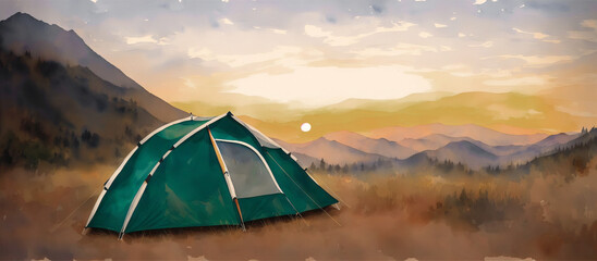 Tent against the backdrop of the mountains, camping in the wild. Watercolor drawing, generative ai.