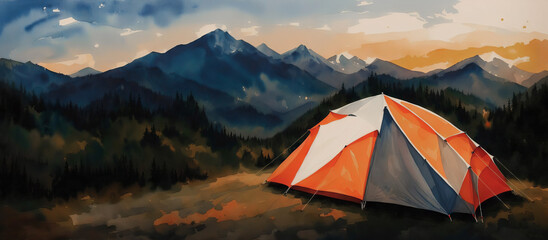 Tent against the backdrop of the mountains, camping in the wild. Watercolor drawing, generative ai.