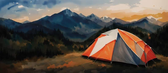 Tuinposter Tent against the backdrop of the mountains, camping in the wild. Watercolor drawing, generative ai. © Valentina Watercolor