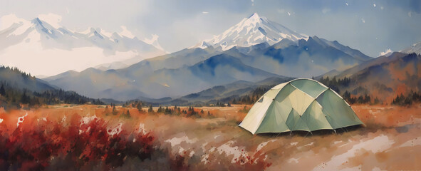 Tent against the backdrop of the mountains, camping in the wild. Watercolor drawing, generative ai.