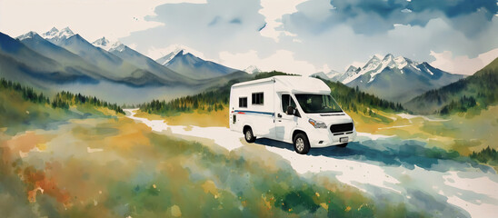 Mobile home on the road. Summer holiday in the mountains on a camper. Watercolor drawing, generative ai.