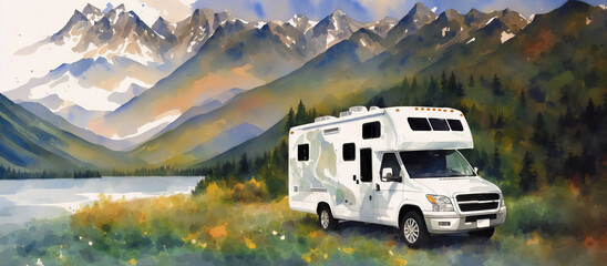 Mobile home on the road. Summer holiday in the mountains on a camper. Watercolor drawing, generative ai.