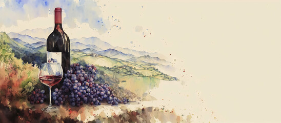 A bottle of wine with a vineyard on the background of a plantation. Drawing, generative ai.