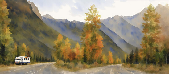 Mobile home on the road. Summer holiday in the mountains on a camper. Watercolor drawing, generative ai.