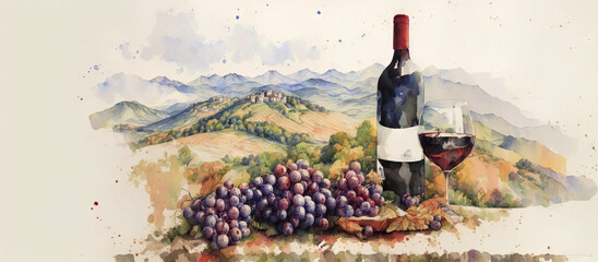 A bottle of wine with a vineyard on the background of a plantation. Drawing, generative ai.