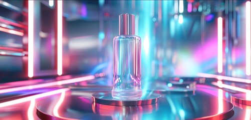 Pristine, pentagonal skin care bottle on a futuristic metallic platform with holographic patterns.