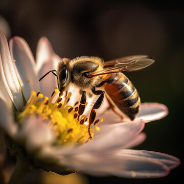 A detailed image of a busy bee collecting nectar from a flower in the early morning light.