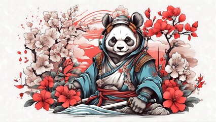 A psychedelic graphic design with samurai panda, full body pose., vector style, for T-shirt printing. - obrazy, fototapety, plakaty