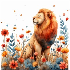 Watercolor Flower Field with Lion Generative AI