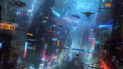 Fototapeta na wymiar Futuristic cyberpunk cityscape with towering neon skyscrapers, bustling flying vehicles, and gritty alleyways that evoke a sense of a dystopian metropolis