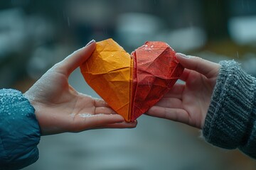 A close-up of hands exchanging heart-shaped origami