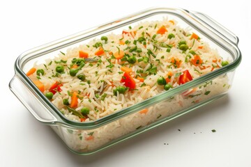 Tasty rice with vegetables in glass container isolated on white