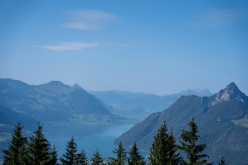 View of the Vierwaldstätter Lake in Switzerland from above on a sunny day 