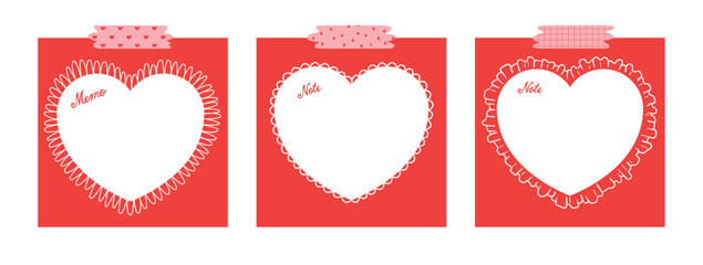 Set of cute heart notepad with tape hand drawn vector illustration for Valentines day. Template paper for sticker note, memo. Cartoon style. Isolated on white. - 721274124