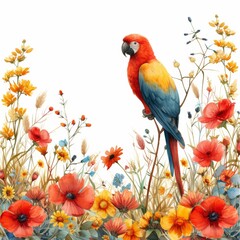 Watercolor Flower Field with Parrot Generative AI