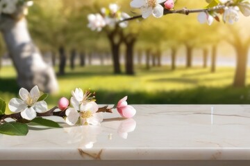 Beauty Display Background Pink Blossoms on white gold marble Table empty natural stone with stems leave for showing packaging and product on blurred background, copy space Spring cherry blossoms style