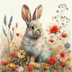 Watercolor Painting of Vibrant Flower Field and Radiant Rabbit Generative AI