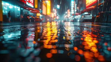 Foto op Plexiglas Wet asphalt, which reflects bright advertising signs, creates a hypnotizing city landscape © john