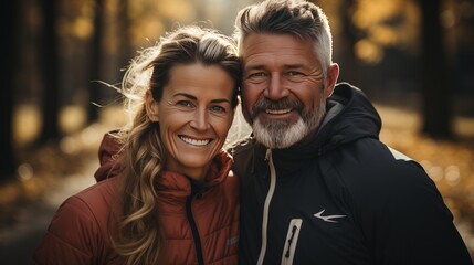 Fototapeta premium Park Run Love: Middle-Aged Couple Sharing a Fitness Journey with Smiles