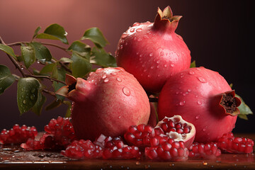realistic pomegranate paintings. Fresh pomegranates with raindrops on the leaves. Red pomegranate set on a red background. Whole pomegranate and split pomegranate seeds.