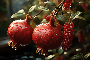 realistic pomegranate paintings. Fresh pomegranates with raindrops on the leaves. Red pomegranate set on a red background. Whole pomegranate and split pomegranate seeds.
