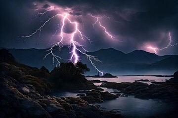 thunder storming and big lightning in the sky in purple and blue form abstract background view 