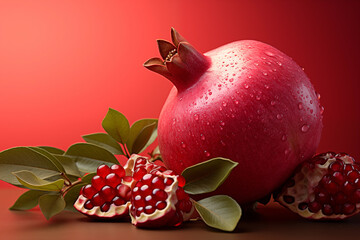 realistic pomegranate paintings. Fresh pomegranates with raindrops on the leaves. Red pomegranate set on a red background. Whole pomegranate and split pomegranate seeds.