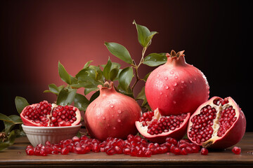 realistic pomegranate paintings. Fresh pomegranates with raindrops on the leaves. Red pomegranate set on a red background. Whole pomegranate and split pomegranate seeds.