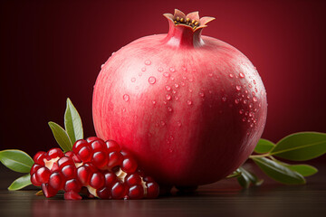 realistic pomegranate paintings. Fresh pomegranates with raindrops on the leaves. Red pomegranate set on a red background. Whole pomegranate and split pomegranate seeds.