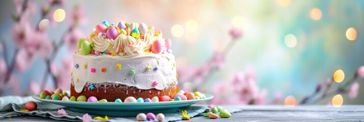 an elegant Easter cake adorned with decorative eggs on top, creating a visually pleasing and festive banner for the occasion.