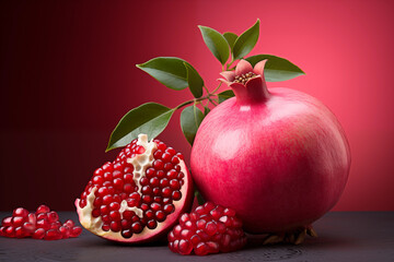 Realistic pomegranate photos. Fresh pomegranates with realistic lighting. Red pomegranates on a red and black background. Whole pomegranate and split pomegranate seeds. 3D pomegranate rendering.