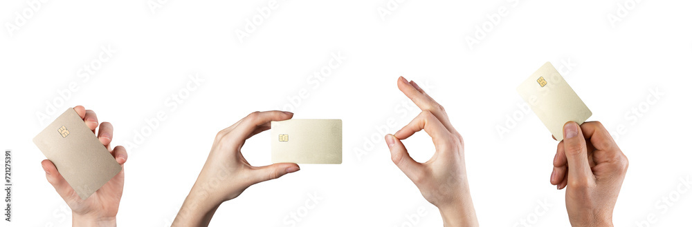 Wall mural hand holding bank credit plastic card mockup. blank bankcard set, isolated on white background, tran