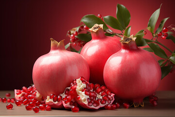 Realistic pomegranate photos. Fresh pomegranates with realistic lighting. Red pomegranates on a red and black background. Whole pomegranate and split pomegranate seeds. 3D pomegranate rendering.