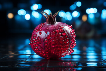 Realistic pomegranate photos. Fresh pomegranates with realistic lighting. Red pomegranates on a red and black background. Whole pomegranate and split pomegranate seeds. 3D pomegranate rendering.