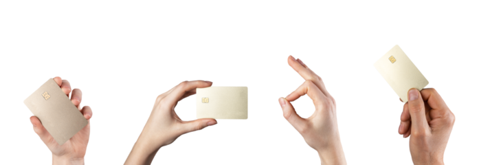 Hand holding bank credit plastic card mockup. Blank bankcard set, isolated on white background, transparent png