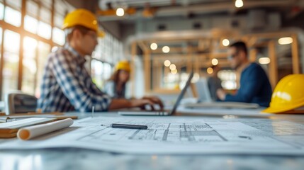 construction manager meeting with construction team with blue print and labtop at new modern meeting room ,generative ai