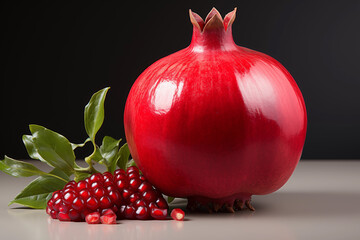 Realistic pomegranate photos. Fresh pomegranates with realistic lighting. Red pomegranates on a red and black background. Whole pomegranate and split pomegranate seeds. 3D pomegranate rendering.