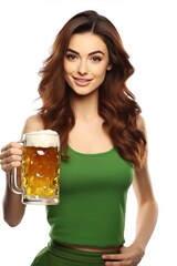 A girl in green clothes with a mug of beer. St. Patrick's Day celebration
