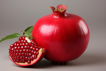 Realistic pomegranate photos. Fresh pomegranates with realistic lighting. Red pomegranates on a red and black background. Whole pomegranate and split pomegranate seeds. 3D pomegranate rendering.