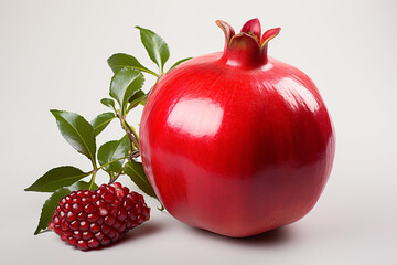 Realistic pomegranate photos. Fresh pomegranates with realistic lighting. Red pomegranates on a red and black background. Whole pomegranate and split pomegranate seeds. 3D pomegranate rendering.