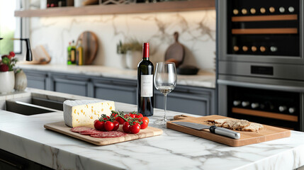 delicious snack and wine in a modern kitchen