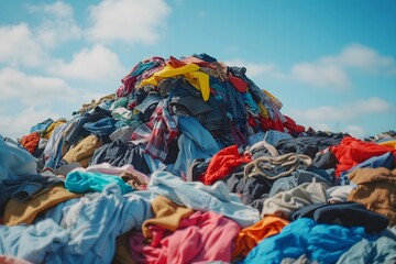 Piles of discarded clothing and fashion waste in landfill - obrazy, fototapety, plakaty