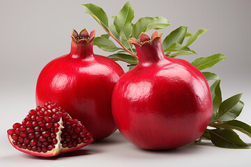 Realistic pomegranate photos. Fresh pomegranates with realistic lighting. Red pomegranates on a red and black background. Whole pomegranate and split pomegranate seeds. 3D pomegranate rendering.