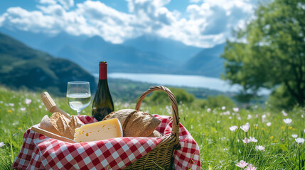 picnic basket with wine and cheese, overlooking a lake and mountains