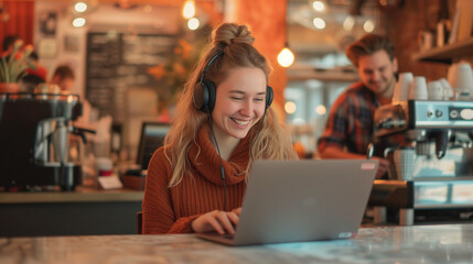 smiling woman with headphones and laptop in a cafe