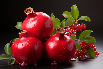 Realistic pomegranate photos. Fresh pomegranates with realistic lighting. Red pomegranates on a red and black background. Whole pomegranate and split pomegranate seeds. 3D pomegranate rendering.