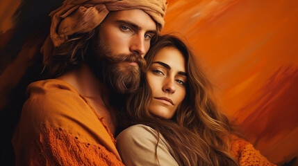 Portrait couple fashion bohemian man and woman in love hugging in colorful background. Beautiful loving couple in boho style posing in orange and dark background around. 